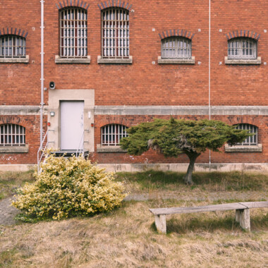 Ein Bild der JVA Rennelberg, ein Backsteingebäude mit vergitterten Fenstern und einem schlichten Eingang. Vor der Fassade stehen ein niedrig geschnittener Baum, ein blühender Strauch und eine Holzbank auf einer Wiesenfläche.